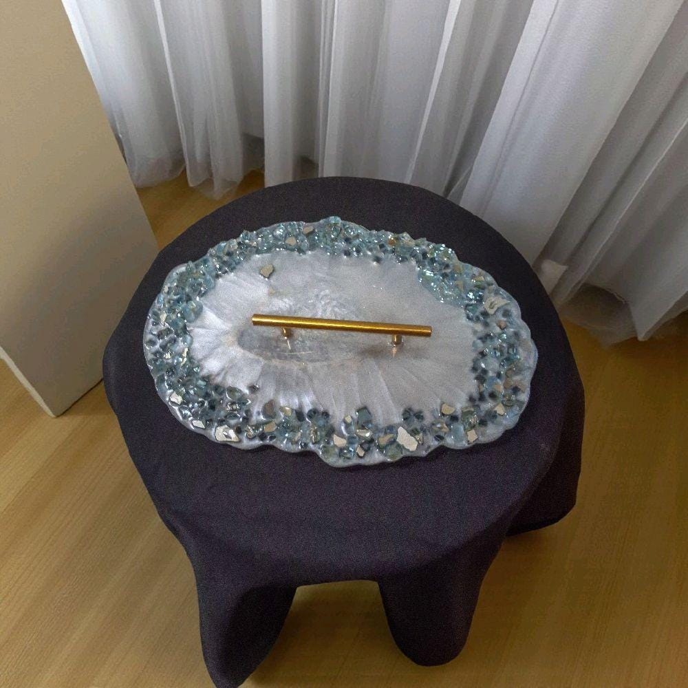 Resin Tray – Blue Crystals, Gold Handle, Elegant Home Decor