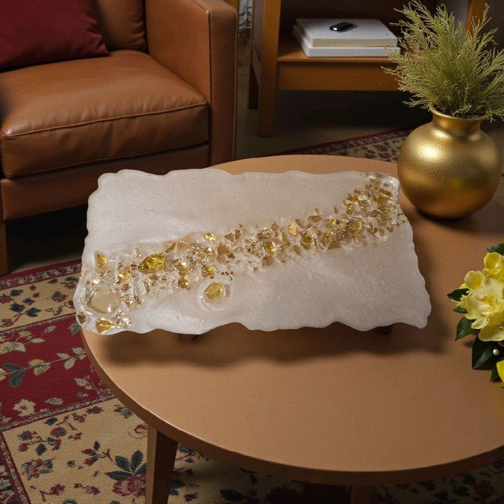 Hand-Designed Pearl White Resin Tray with Gold Crystals (7x13 Inch)