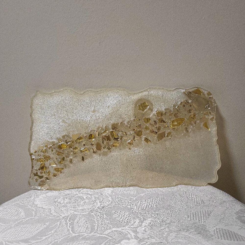 Hand-Designed Pearl White Resin Tray with Gold Crystals (7x13 Inch)