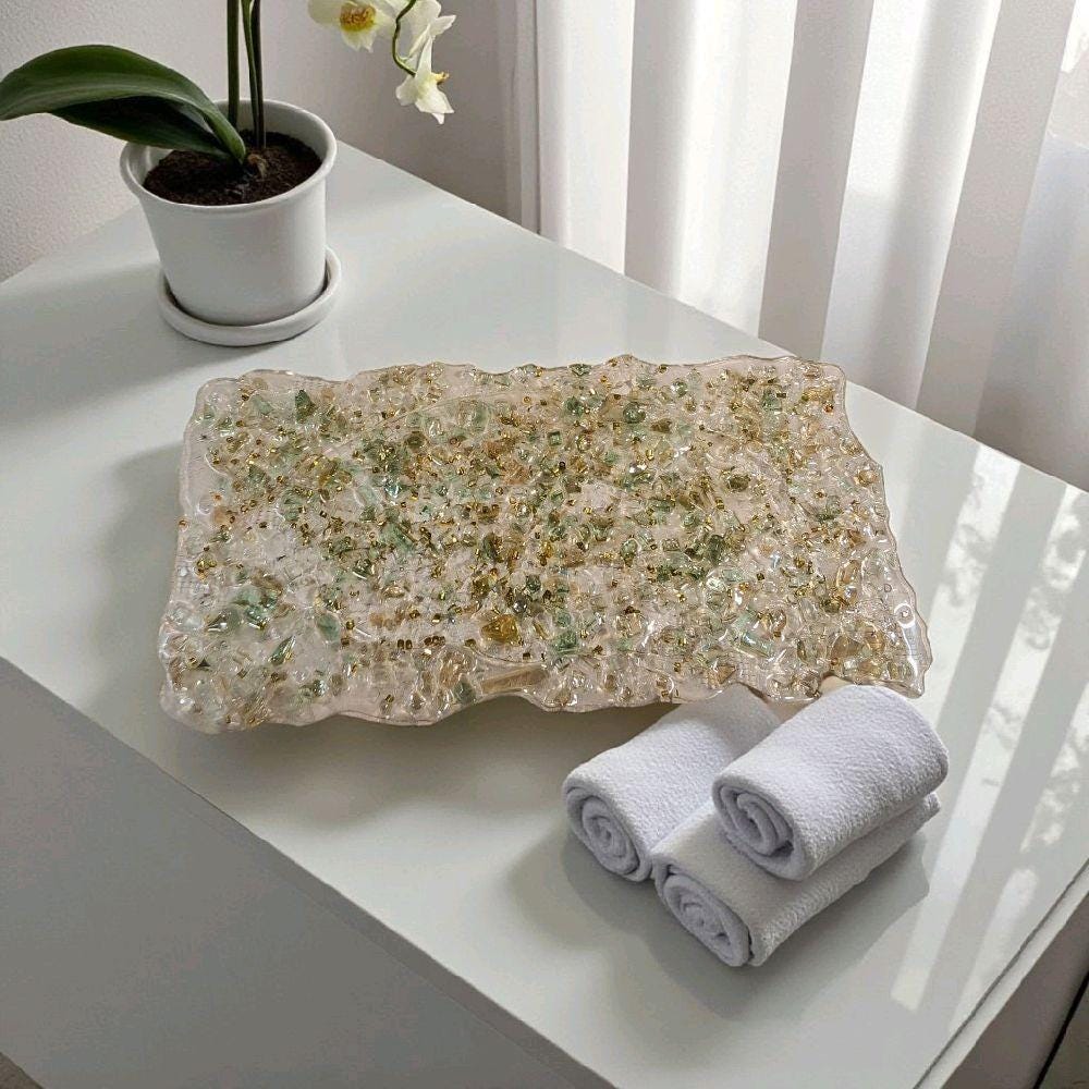 Hand-Designed Crystallized Tray, Light Green Acrylic Decor