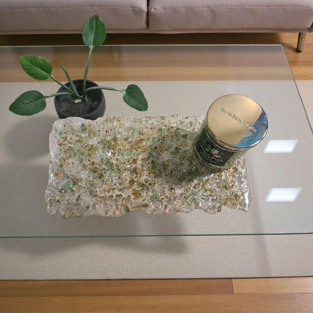 Hand-Designed Crystallized Tray, Light Green Acrylic Decor