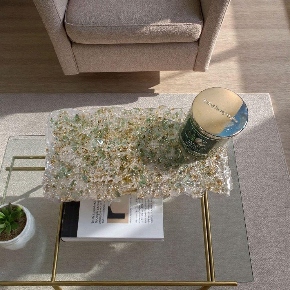Hand-Designed Crystallized Tray, Light Green Acrylic Decor