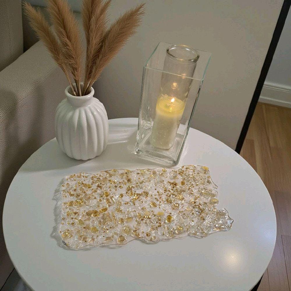 Hand-Designed Elegant Crystallized Tray, Gold Color & Encased Crystals