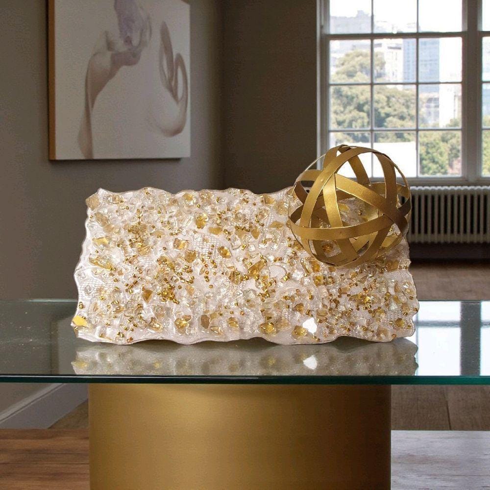 Hand-Designed Elegant Crystallized Tray, Gold Color & Encased Crystals