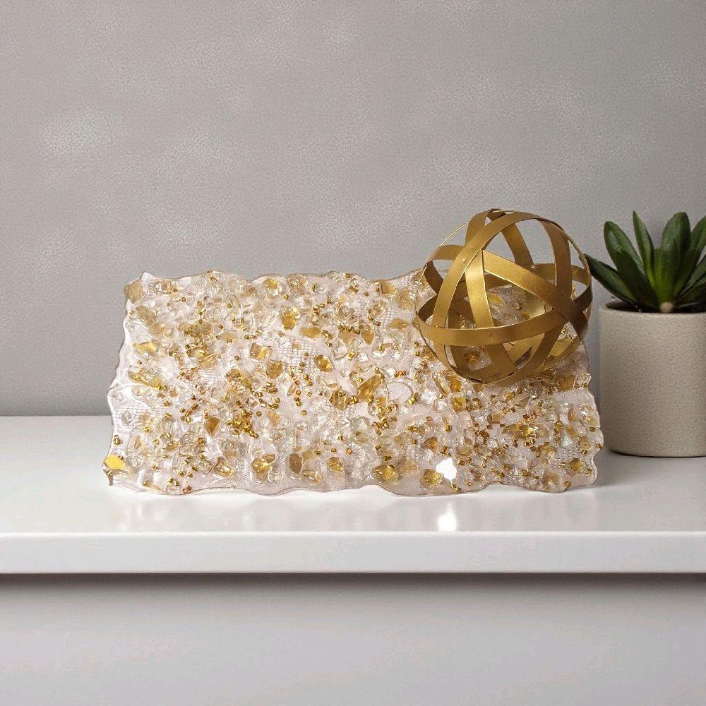 Hand-Designed Elegant Crystallized Tray, Gold Color & Encased Crystals