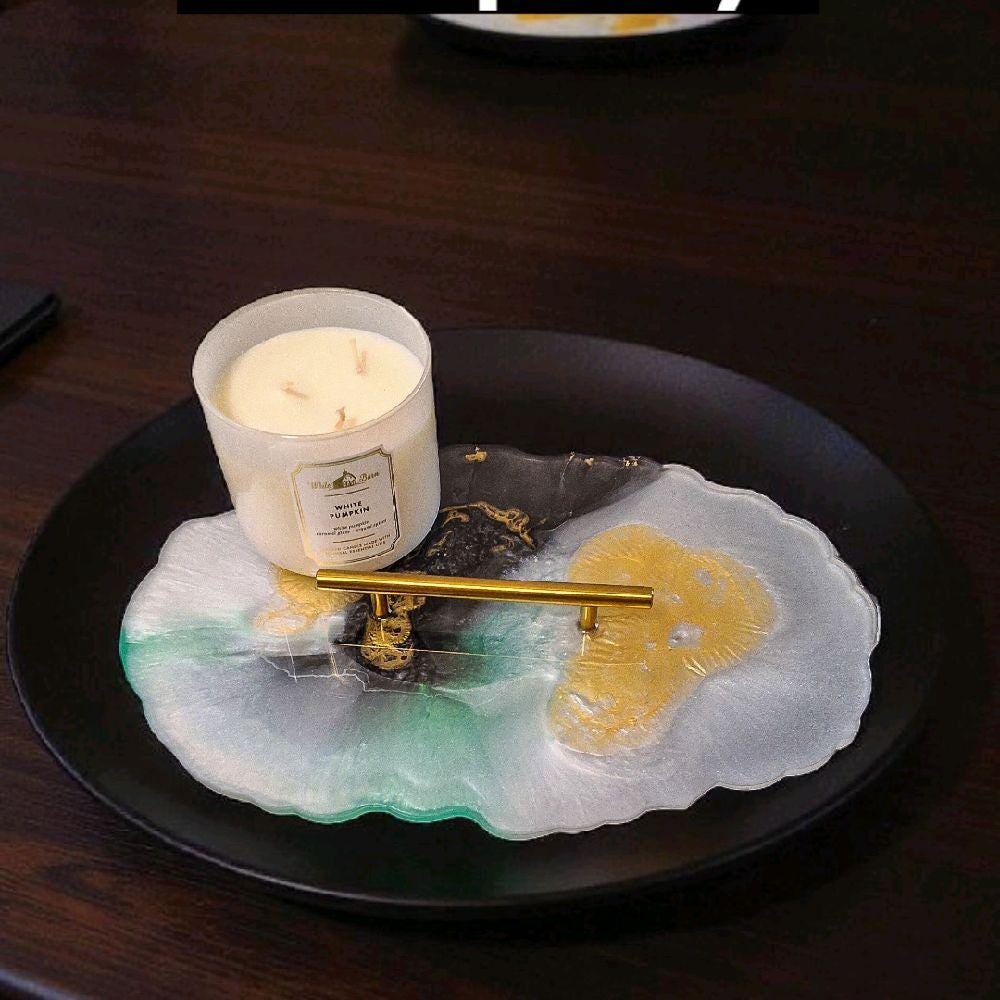 Resin Tray Artwork, Aqua Green, Black, White & Gold