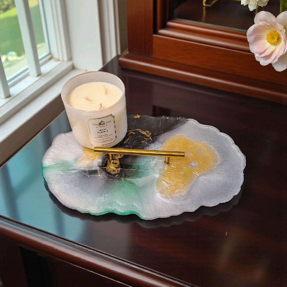 Resin Tray Artwork, Aqua Green, Black, White & Gold