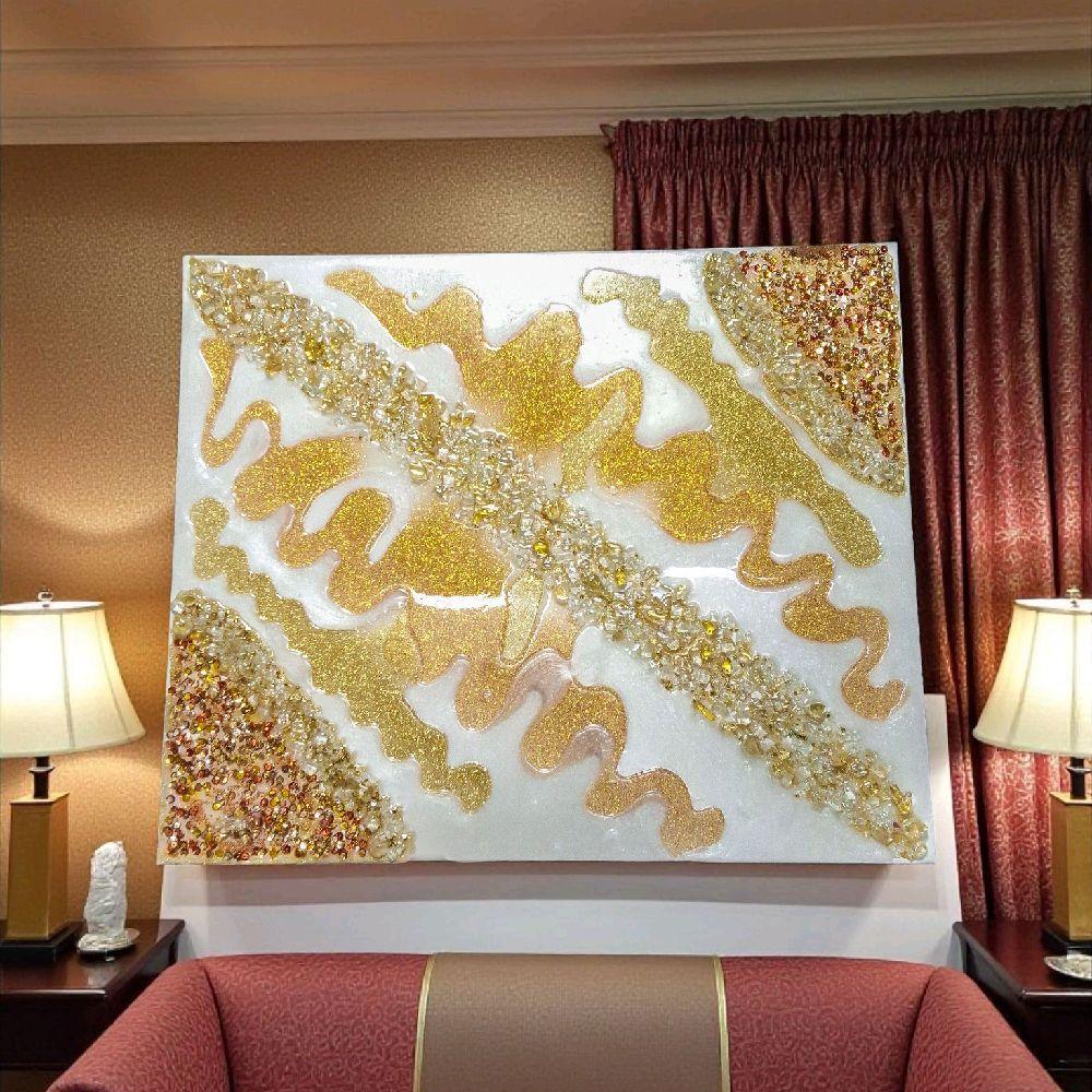 3D Resin Artwork, Gold Metallic Crystals, Hanging Decor. Size 20x30