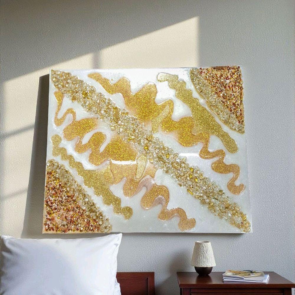 3D Resin Artwork, Gold Metallic Crystals, Hanging Decor. Size 20x30