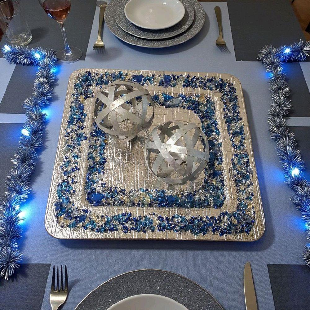 Blue Crush Glass Crystal Charger Plate, Holiday Decor (13x13)