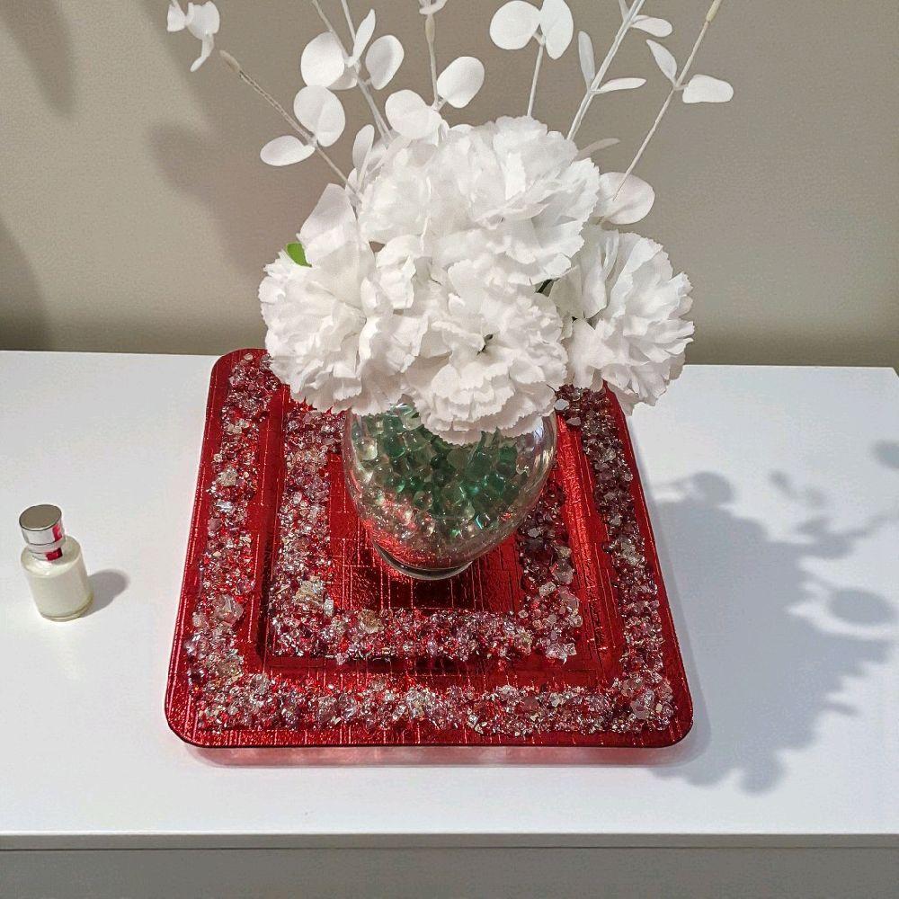 Handmade Crystallized Charger Plate: Vibrant Red Artwork Decor