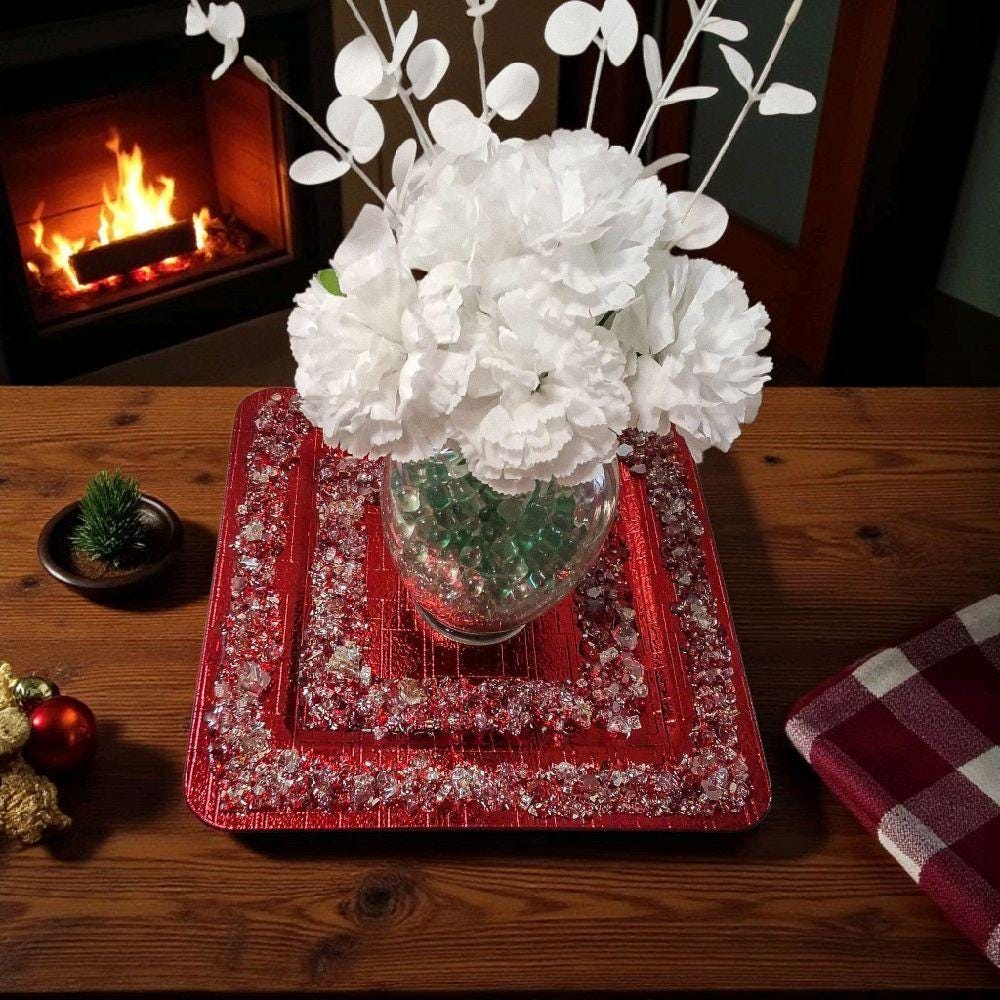 Handmade Crystallized Charger Plate: Vibrant Red Artwork Decor
