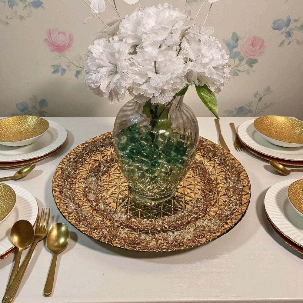 Handmade Gold Crystallized Charger Plate, Unique Table Centerpiece (13x13)