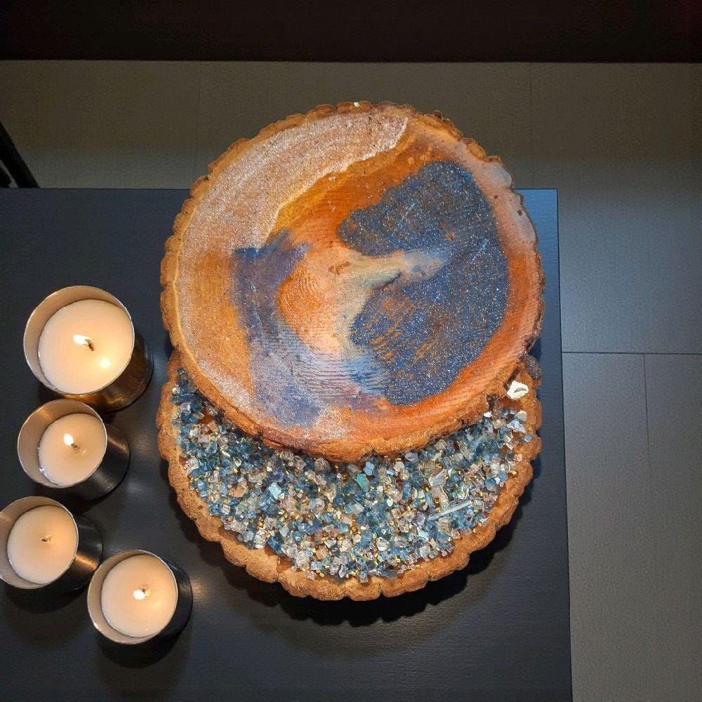 Hand Designed 3D Wood Slice Decor, Elegant Crystallized Artwork