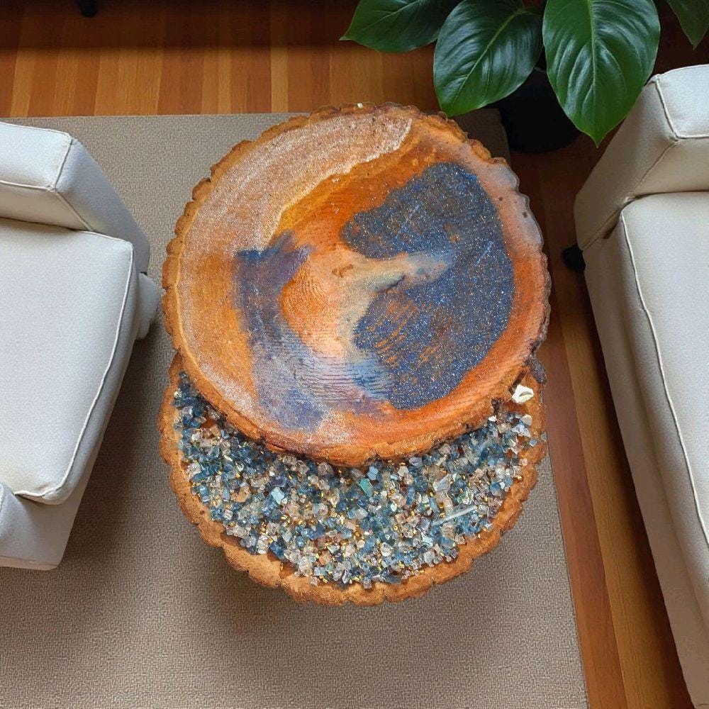 Hand Designed 3D Wood Slice Decor, Elegant Crystallized Artwork