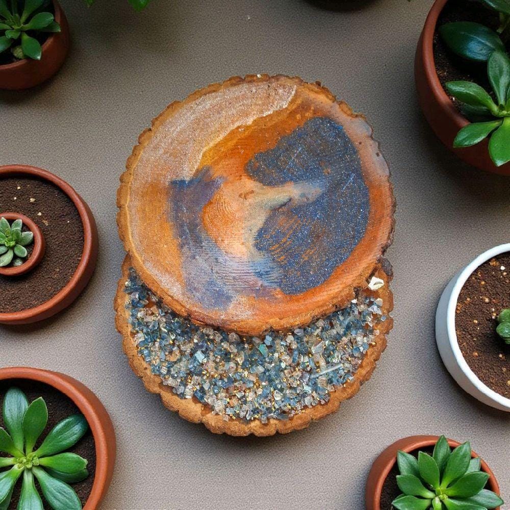Hand Designed 3D Wood Slice Decor, Elegant Crystallized Artwork
