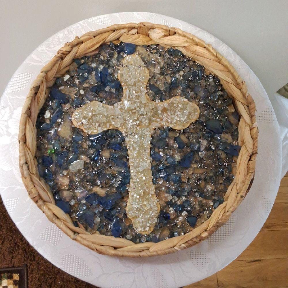 Handmade Blue Crush Glass Cross Decor, Metal & Wood Artwork