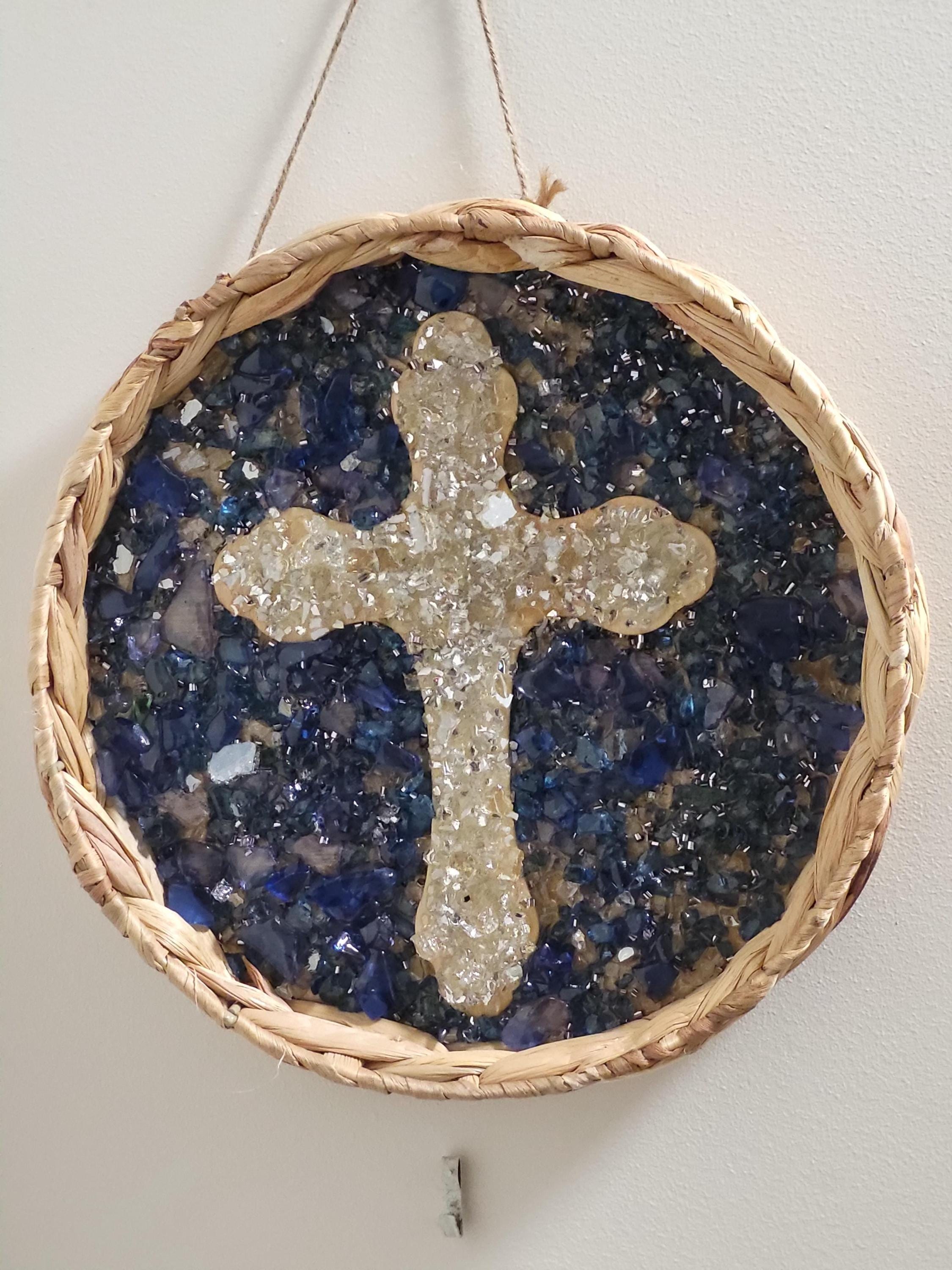 Handmade Blue Crush Glass Cross Decor, Metal & Wood Artwork