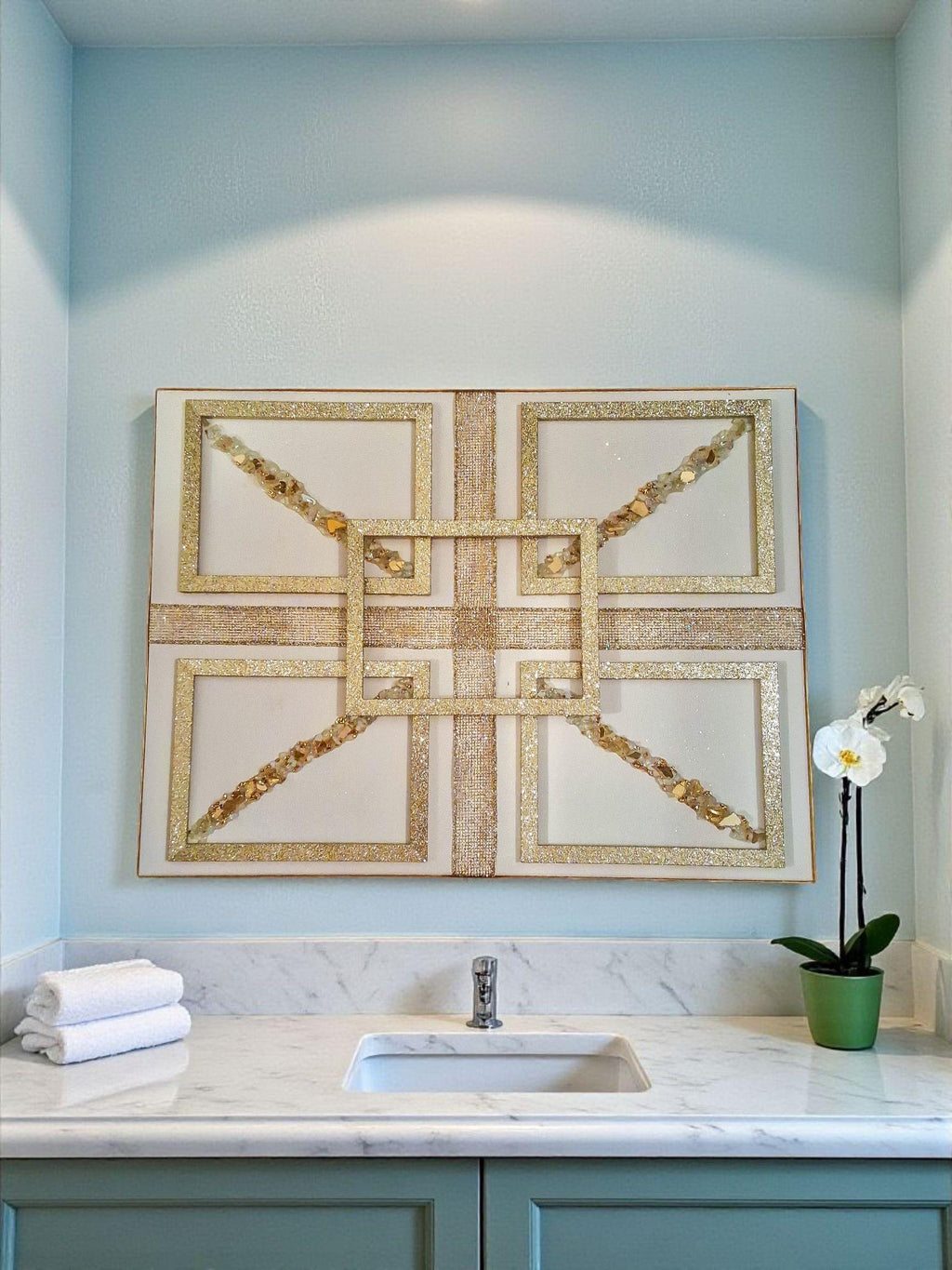 3D Gold Crystallized Abstract Artwork - Elegant Geometric Decor (18x24)