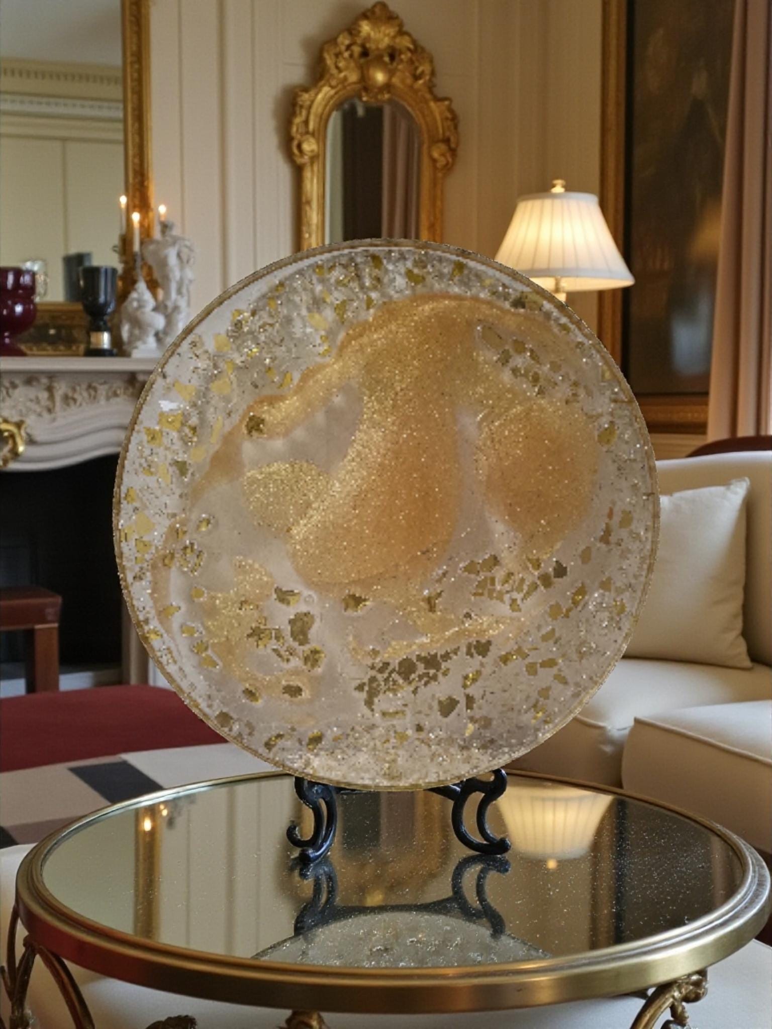 3D Resin Tray, Golden Peach with Gold Crystals, Elegant Home Decor