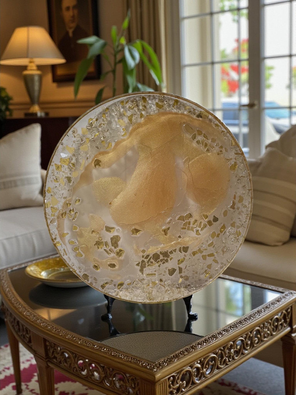 3D Resin Tray, Golden Peach with Gold Crystals, Elegant Home Decor