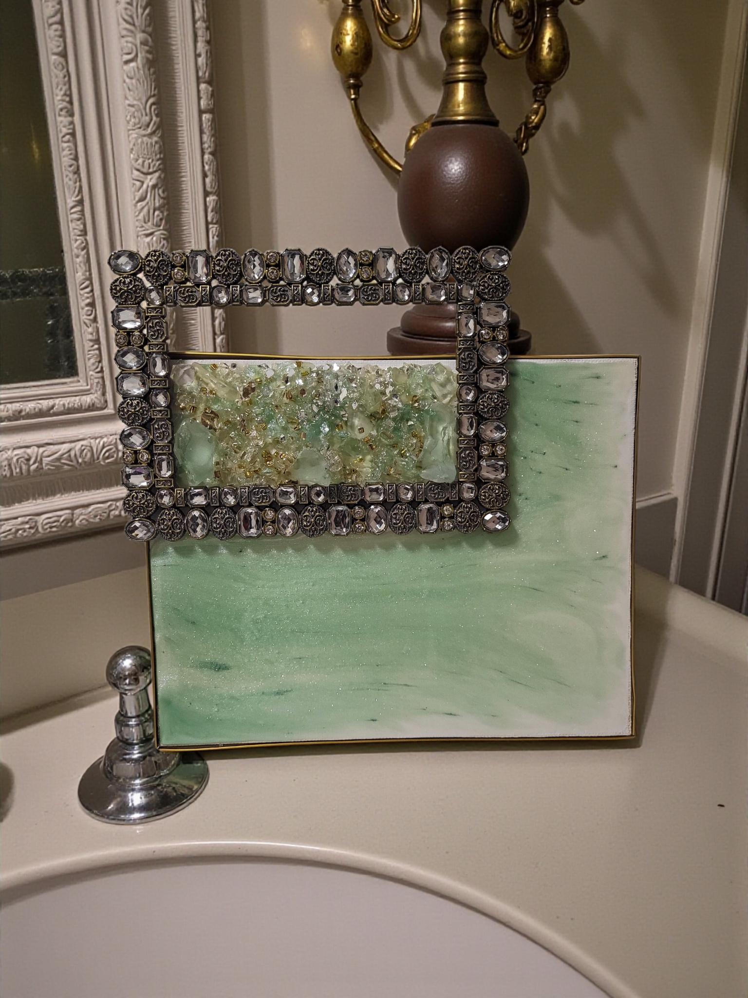 Aqua Green Crystallized 3D Artwork with Gold Frame