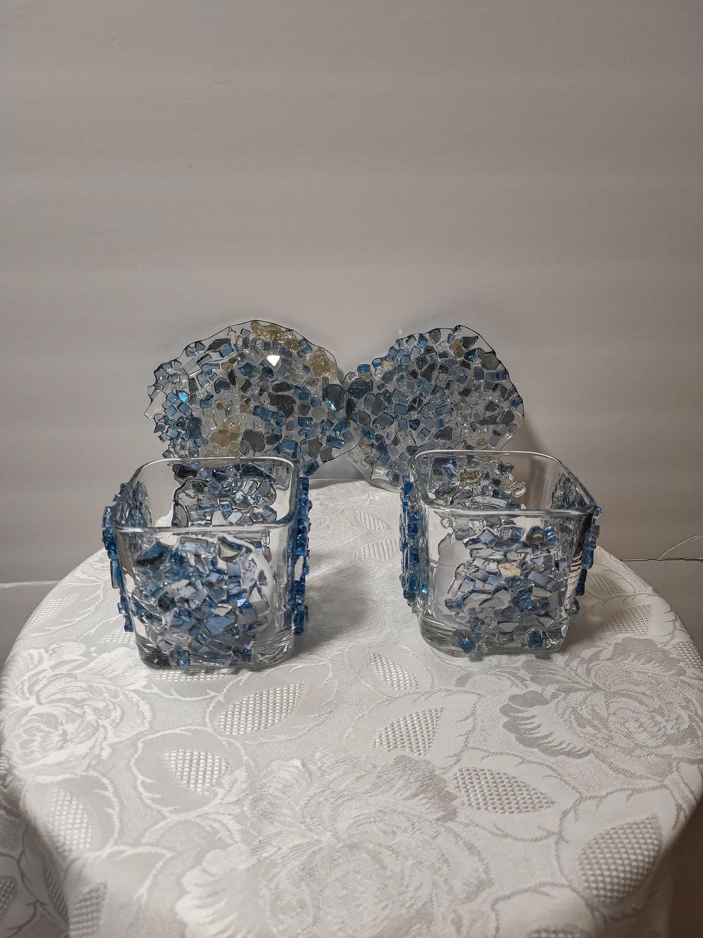 Blue Crystallized Votive Candle Holders - Handcrafted 3D Pair