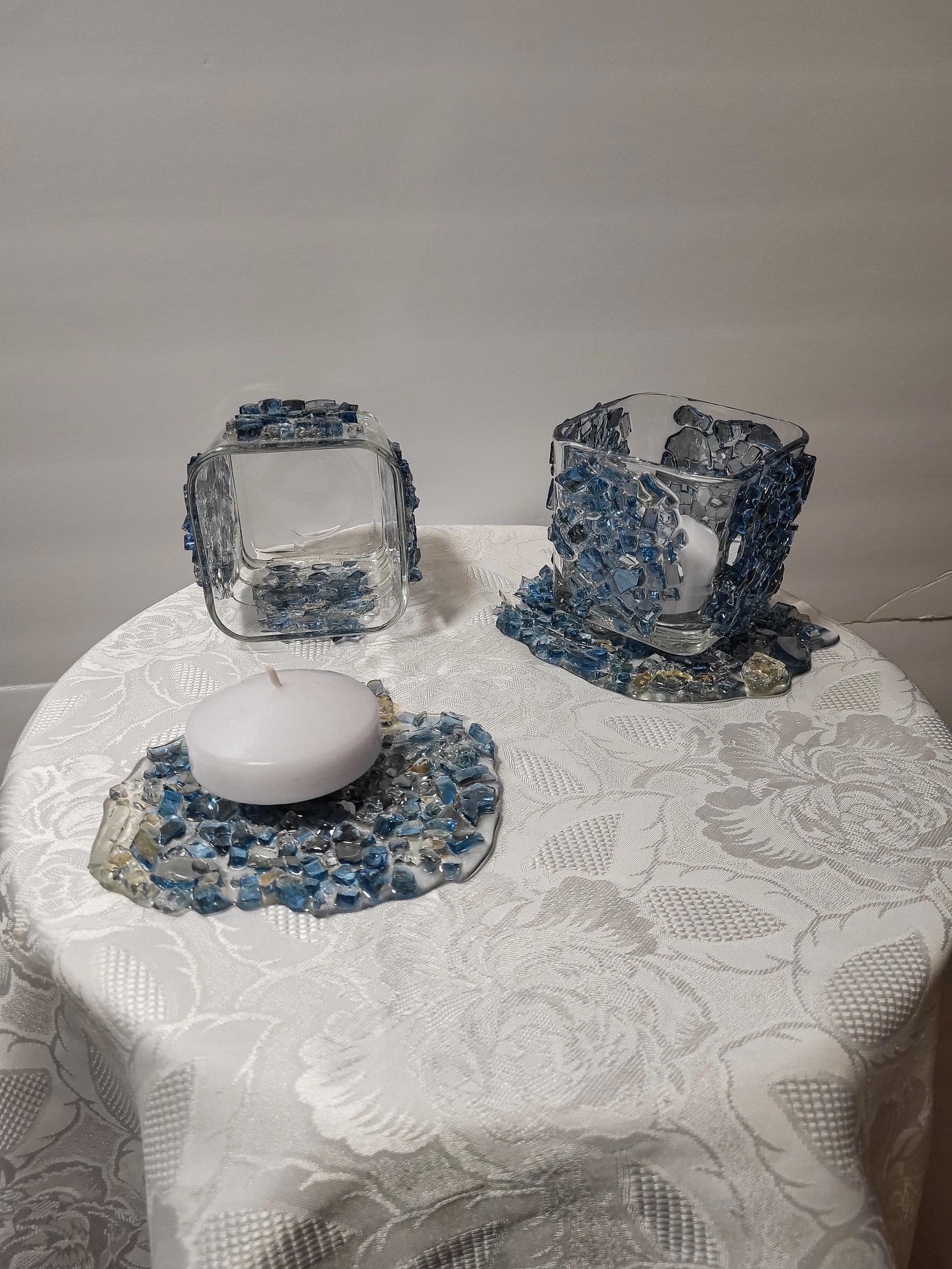 Blue Crystallized Votive Candle Holders - Handcrafted 3D Pair