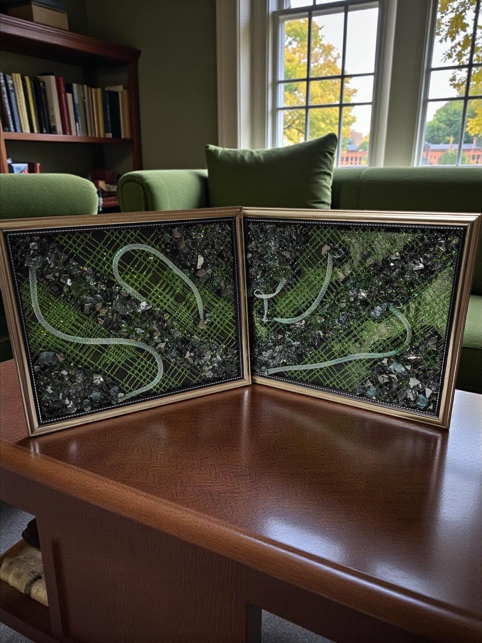 Crystal Decorative Resin painting artwork. Emerald green color crystalsd. Size 8x10 Set of 2