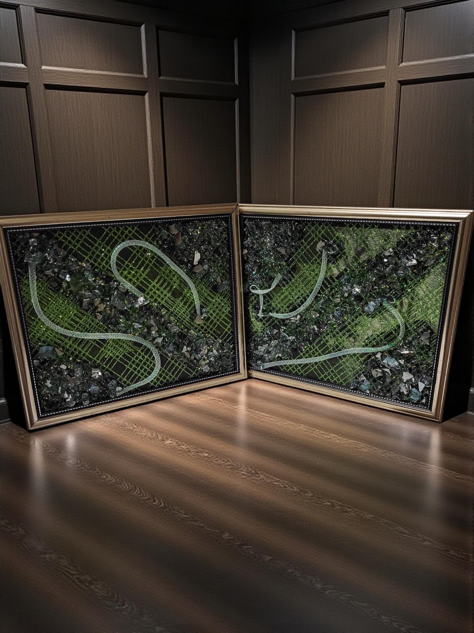 Crystal Decorative Resin painting artwork. Emerald green color crystalsd. Size 8x10 Set of 2