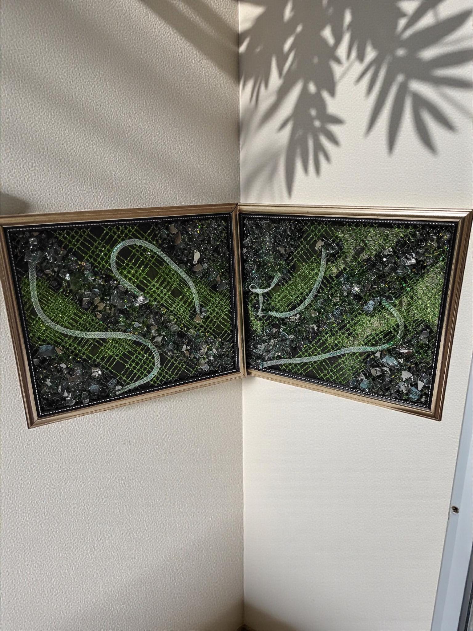Crystal Decorative Resin painting artwork. Emerald green color crystalsd. Size 8x10 Set of 2