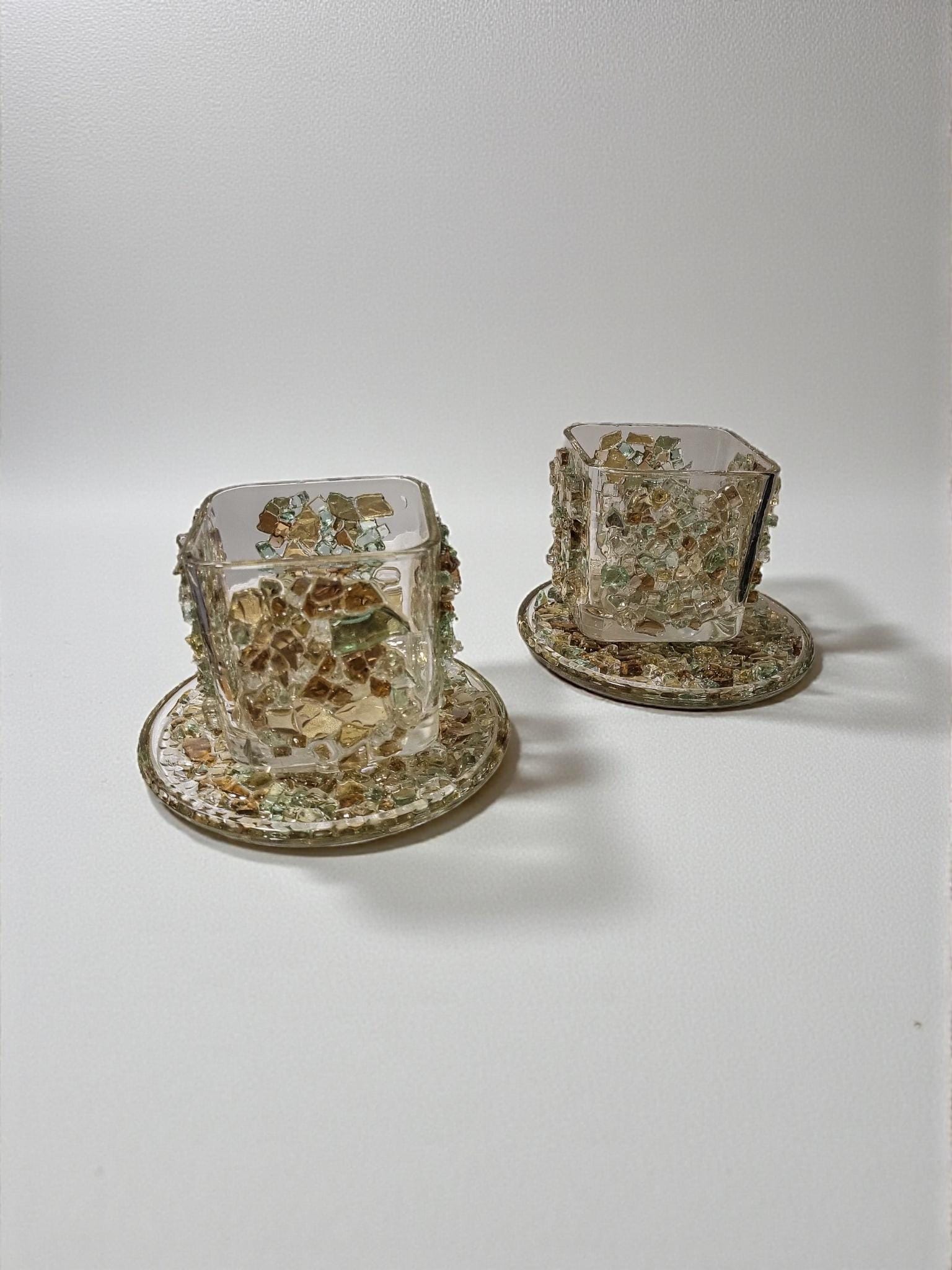 Crystallized Votive Candle Holders: Brown, Gold, Green, Home Decor (Pair)