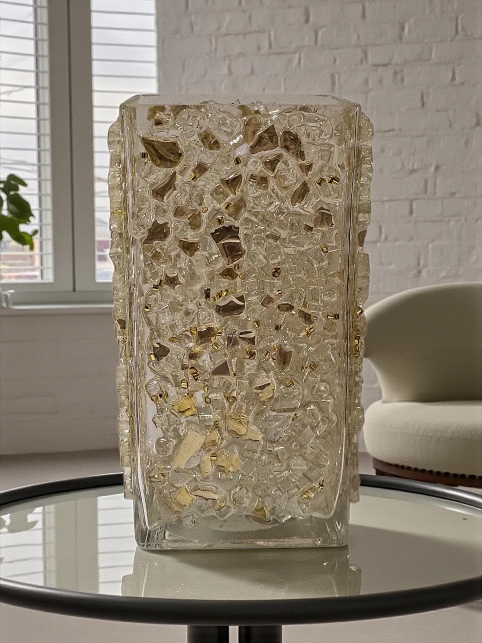 Gold Crystallized Square Glass Vase, Sophisticated Home Decor