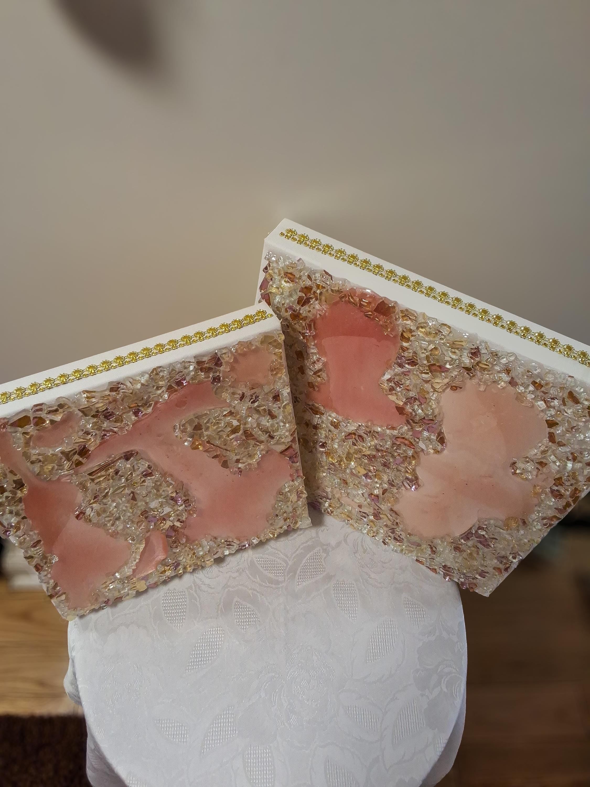 3D Rose Crystal Resin Artwork: Elegant Home Decor. Size 12x12 and 10x10, SET OF 2