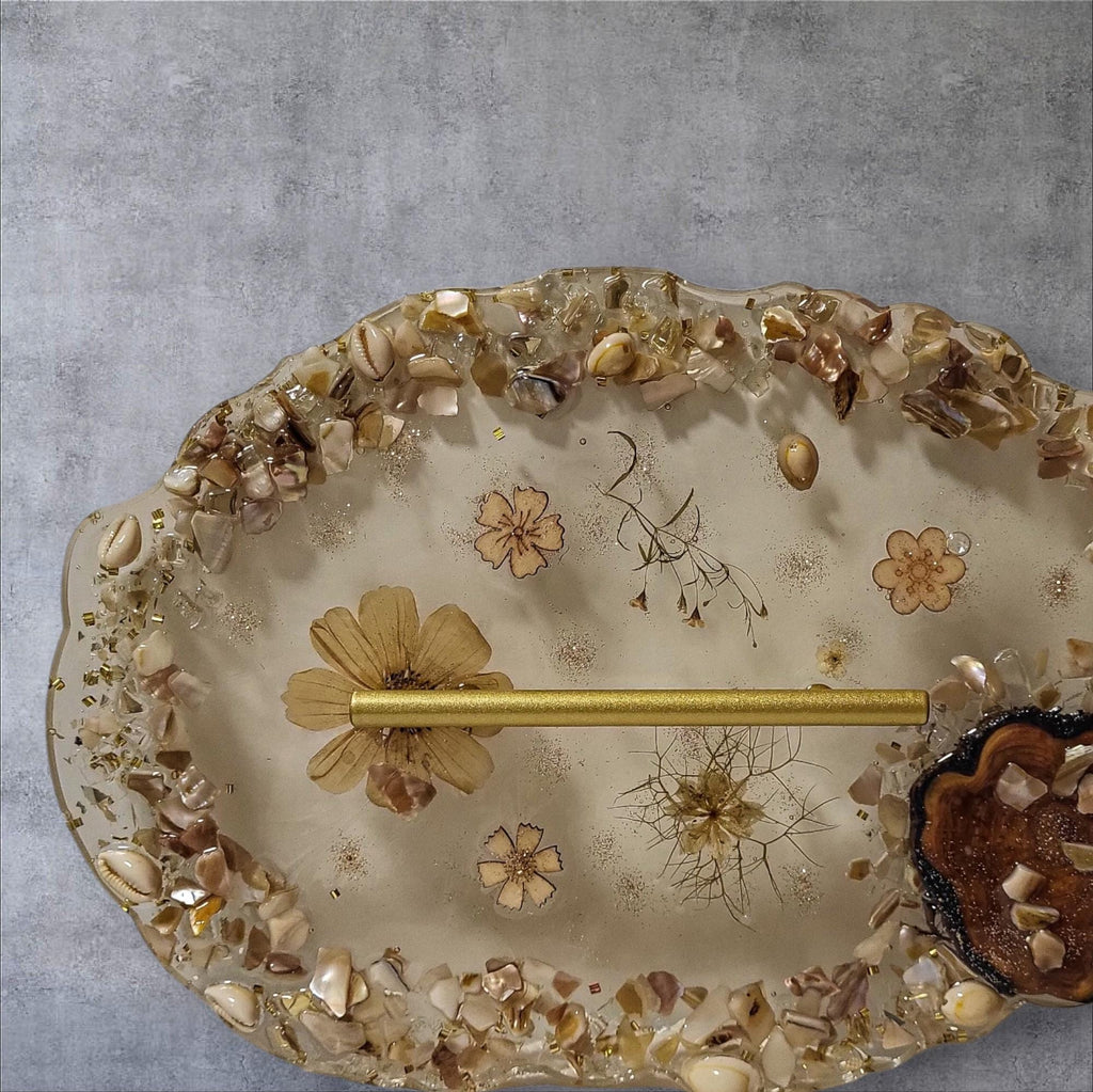 Floral & Pearl Crystal Resin Tray - Elegant Earth Tone Bathroom Decor
