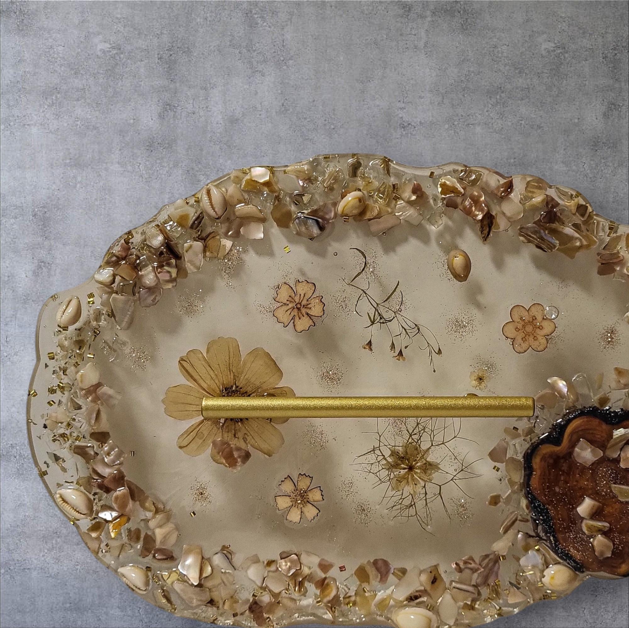 Floral & Pearl Crystal Resin Tray - Elegant Earth Tone Bathroom Decor