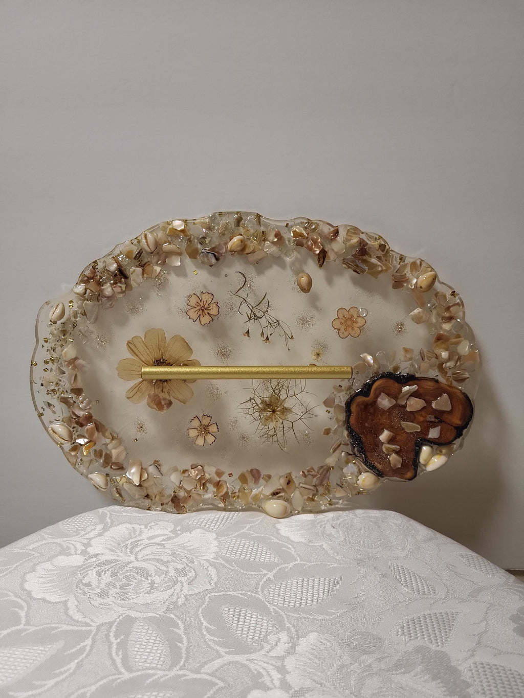 Floral & Pearl Crystal Resin Tray - Elegant Earth Tone Bathroom Decor