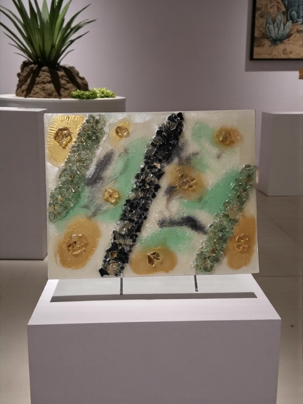 Gold Leaf Resin Painting: Black, White & Green Acrylic Art. Size 11x14