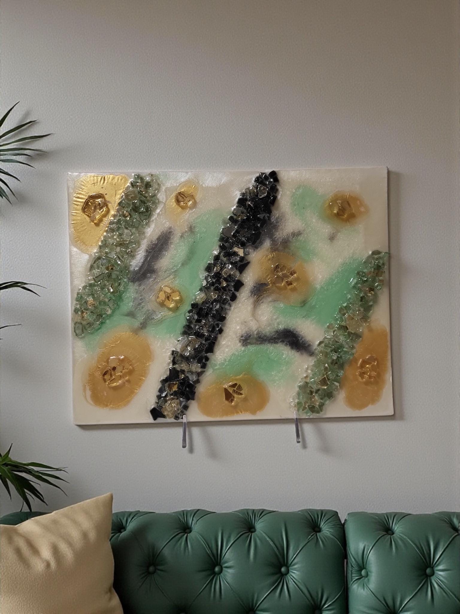 Gold Leaf Resin Painting: Black, White & Green Acrylic Art. Size 11x14