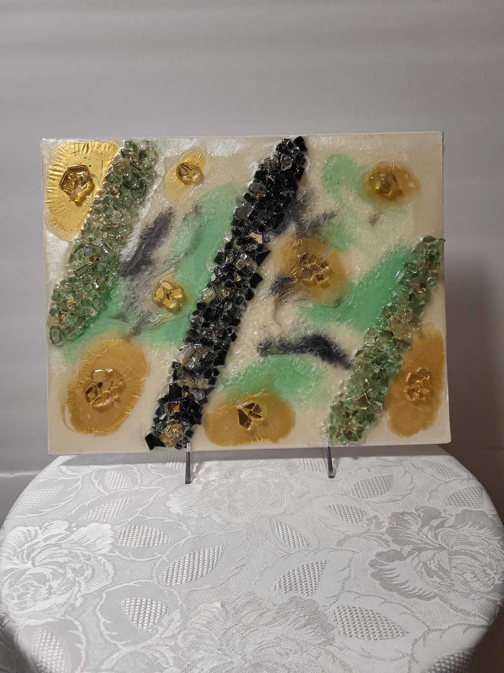 Gold Leaf Resin Painting: Black, White & Green Acrylic Art. Size 11x14
