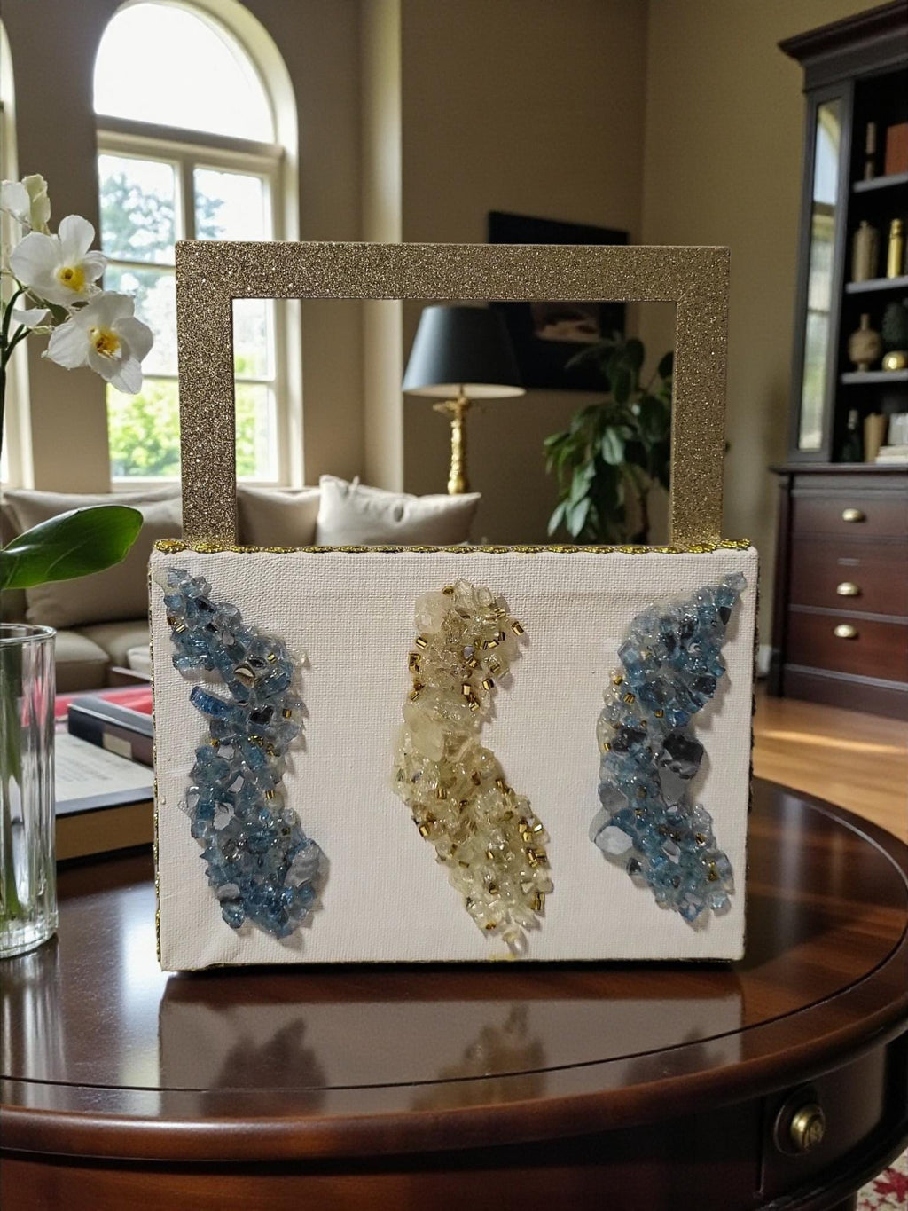 Hand-Designed 3D Crystallized Artwork: Blue & Gold Decor. Size