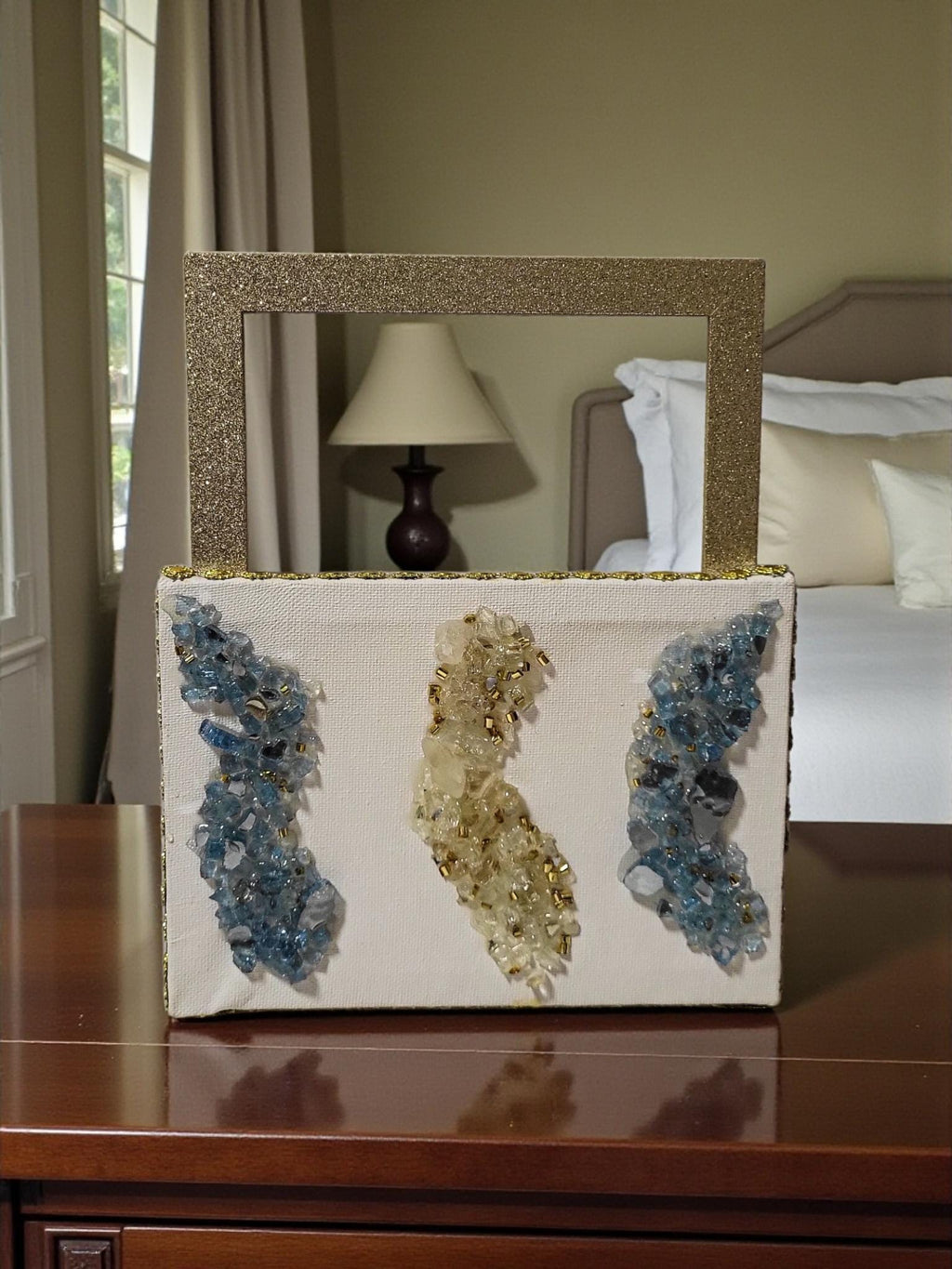 Hand-Designed 3D Crystallized Artwork: Blue & Gold Decor. Size
