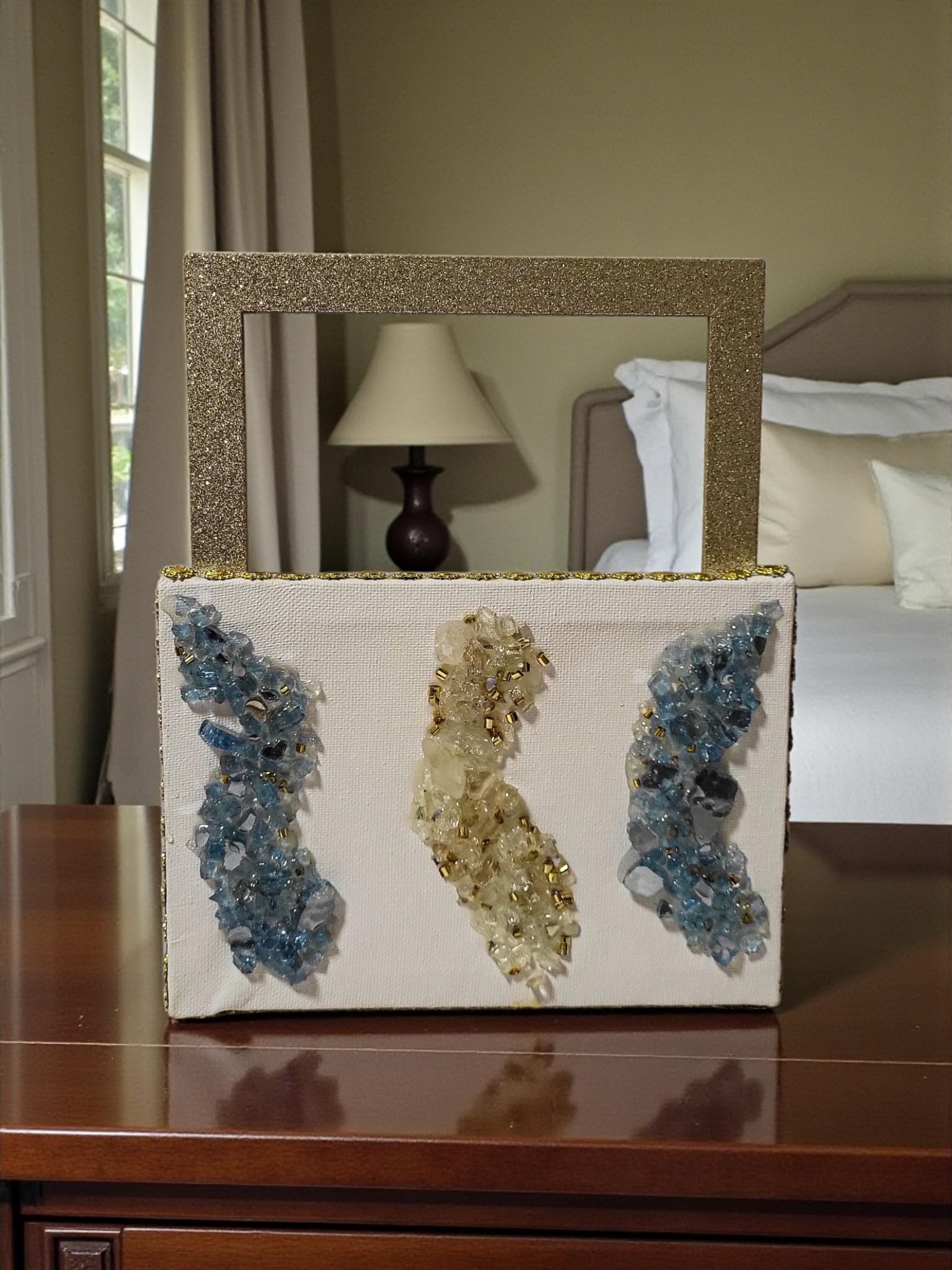 Hand-Designed 3D Crystallized Artwork: Blue & Gold Decor. Size