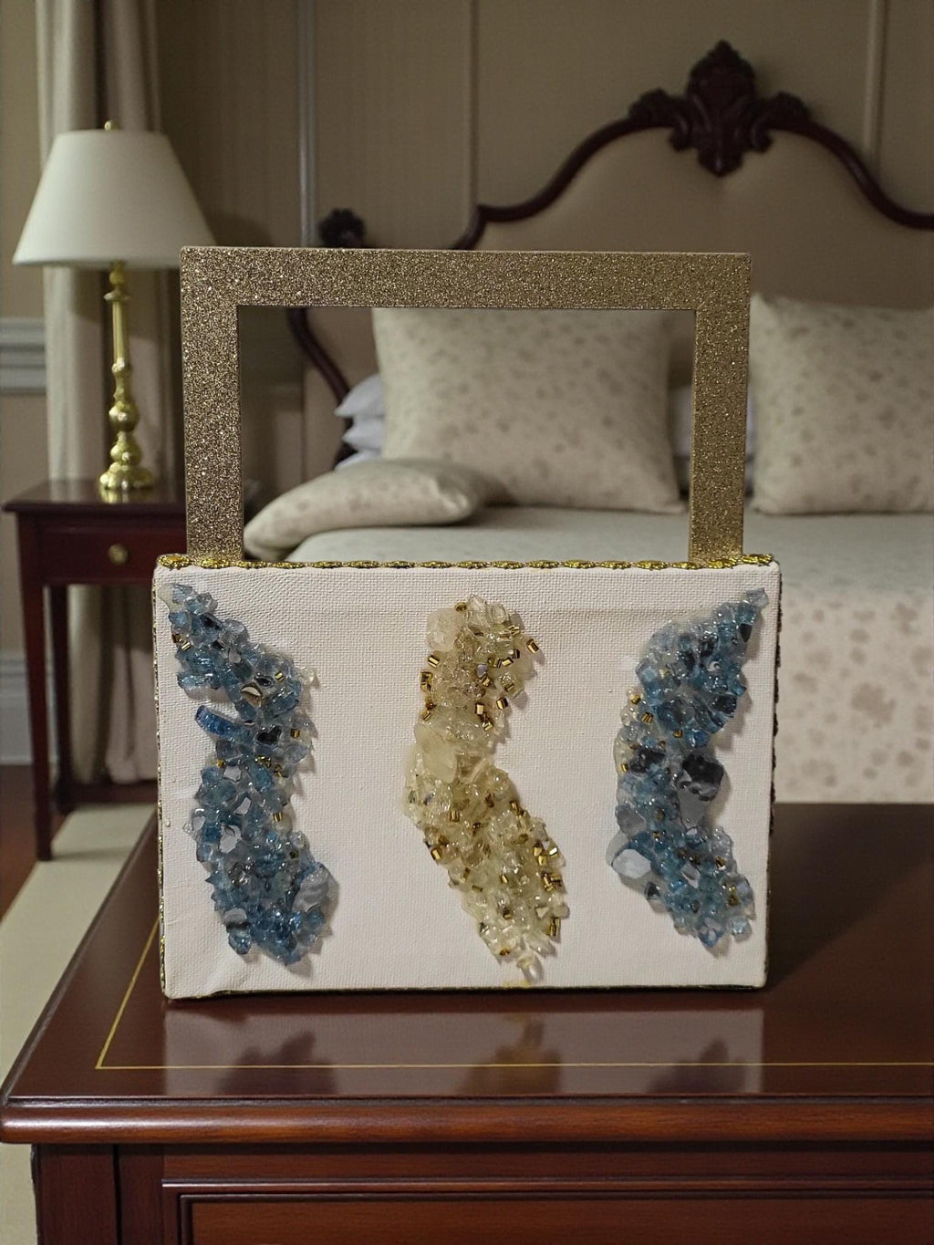 Hand-Designed 3D Crystallized Artwork: Blue & Gold Decor. Size