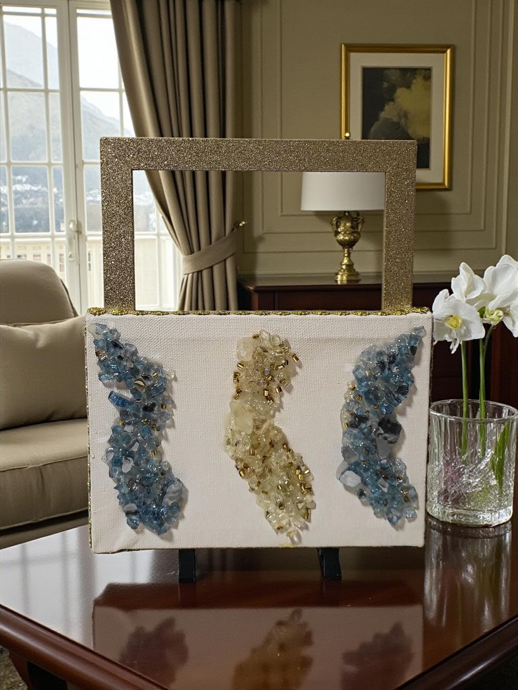 Hand-Designed 3D Crystallized Artwork: Blue & Gold Decor. Size