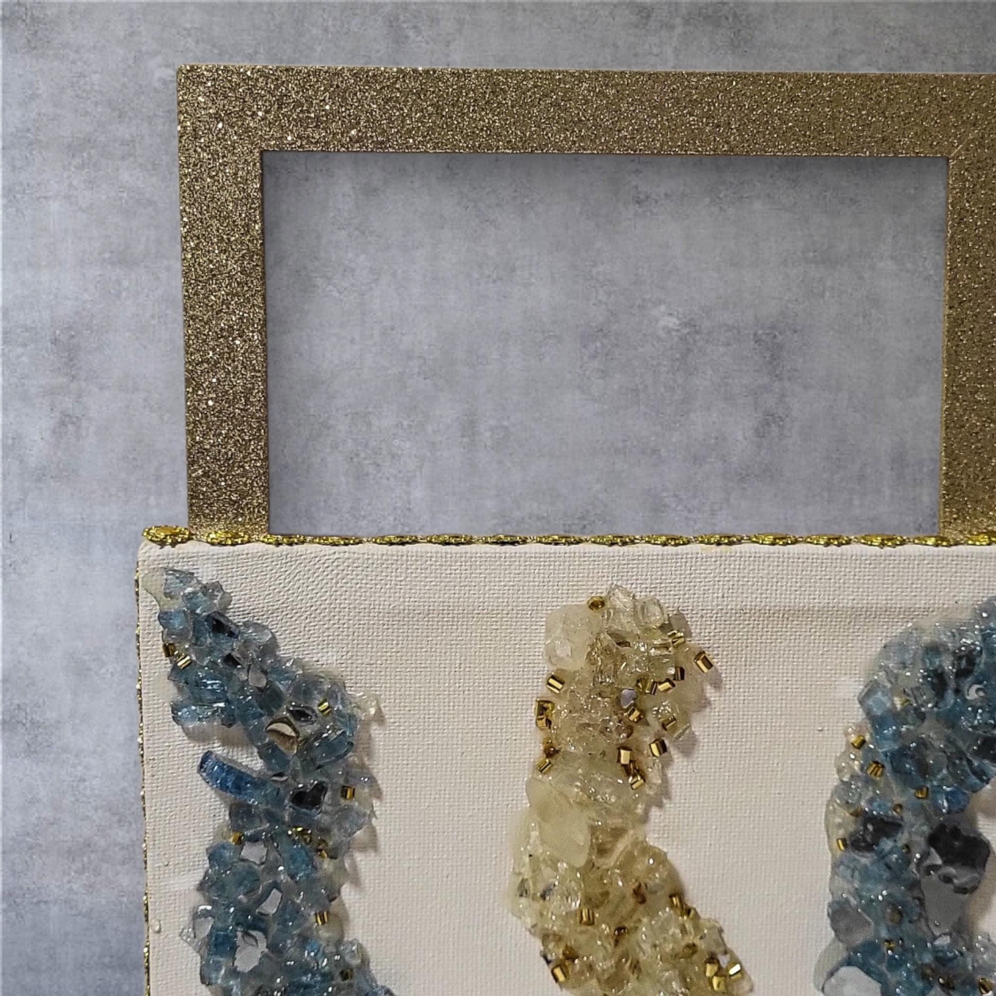 Hand-Designed 3D Crystallized Artwork: Blue & Gold Decor. Size