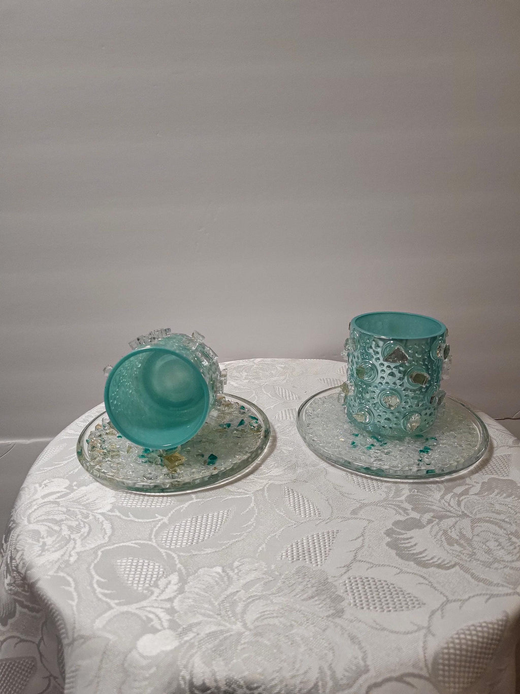 Handcrafted Iridescent Aquamarine Crystallized Votive Candle Holders - Set of 2