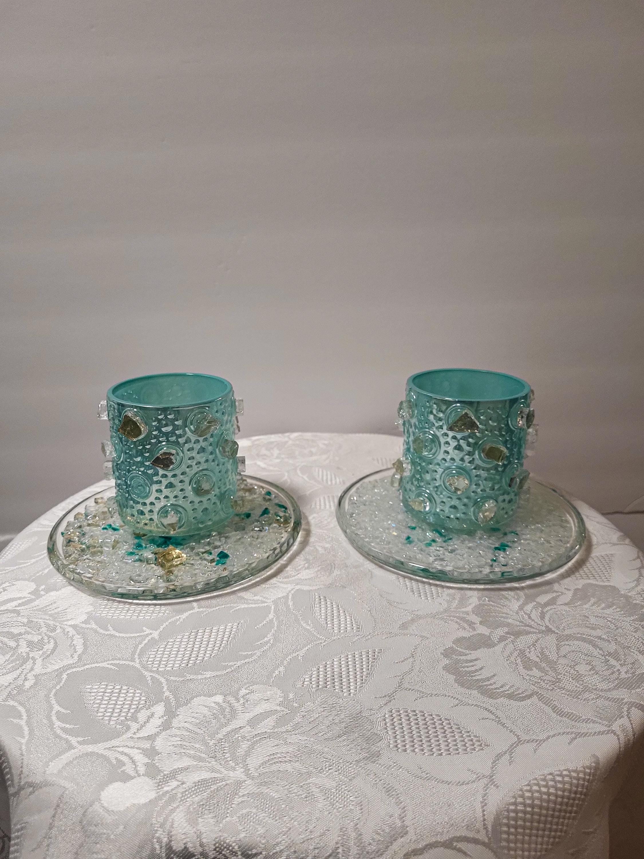 Handcrafted Iridescent Aquamarine Crystallized Votive Candle Holders - Set of 2
