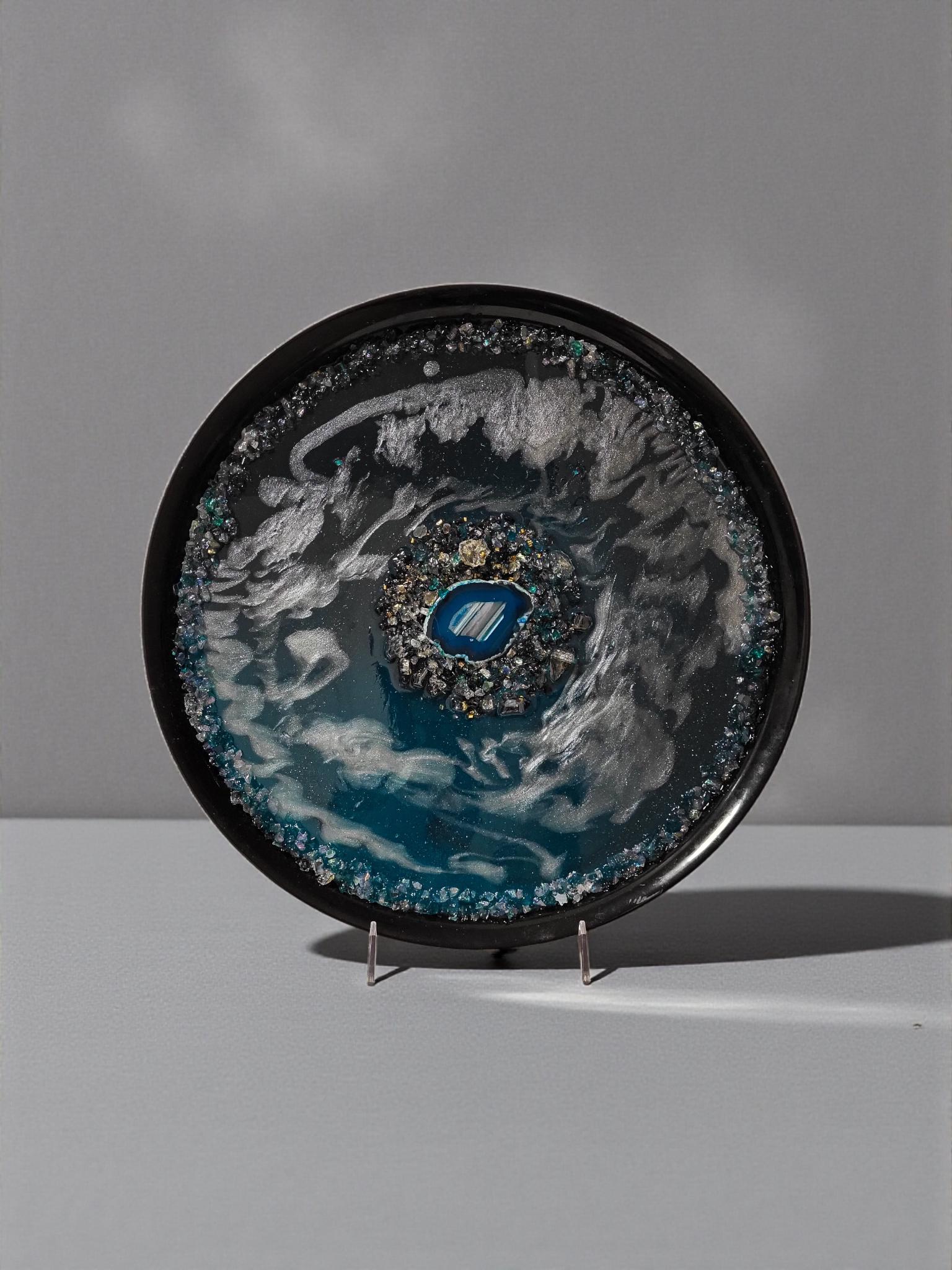 Teal Blue Resin Tray with Crystals, Metallic White Organizer