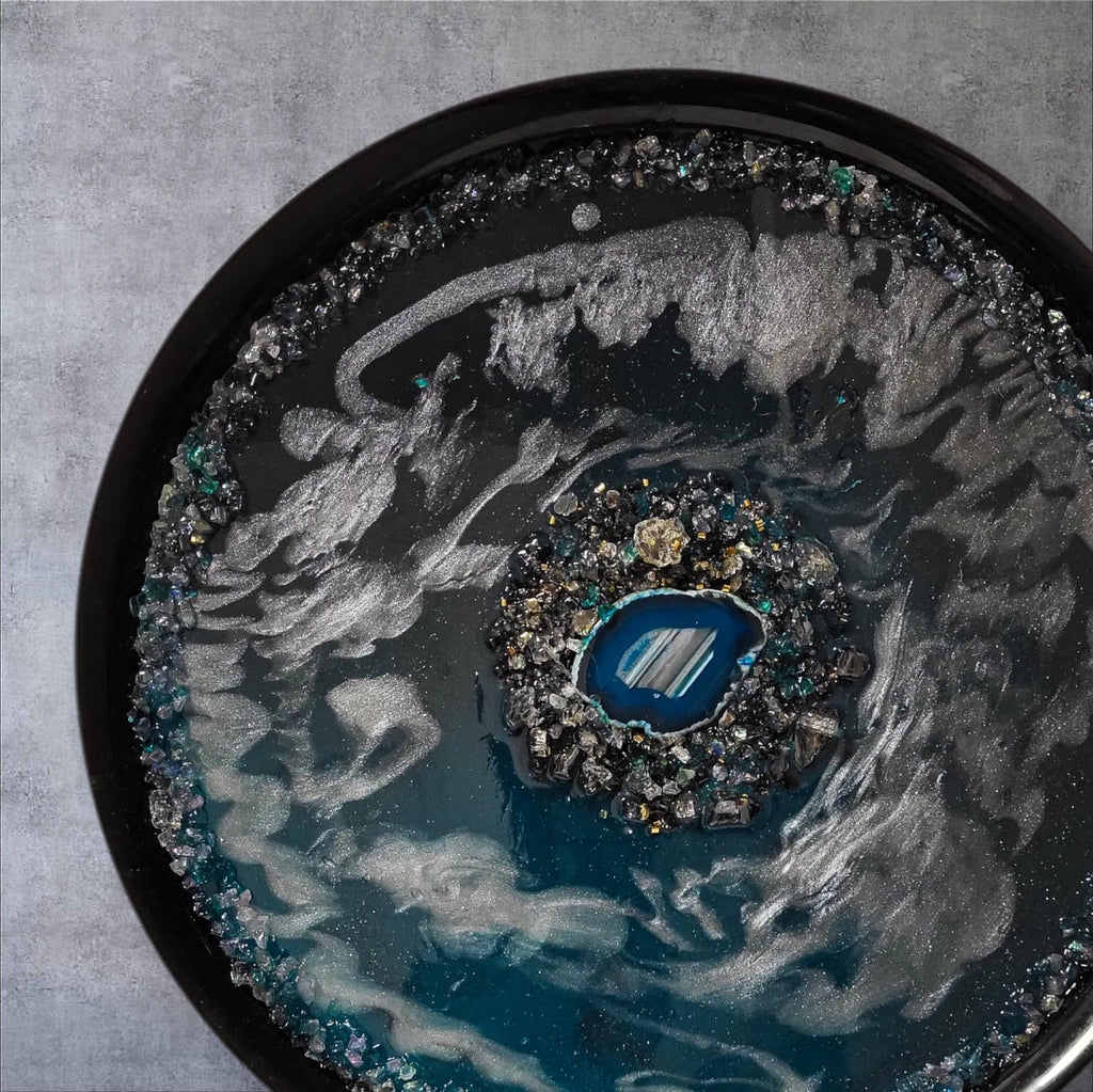 Teal Blue Resin Tray with Crystals, Metallic White Organizer